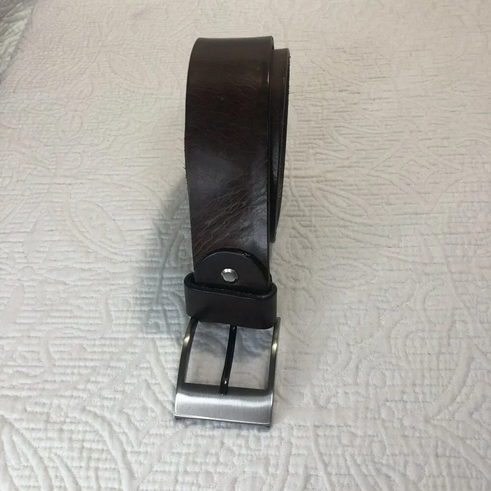 Betlewski Belt Real Leather Brushed Silver Buckle Brown - Size 34/85